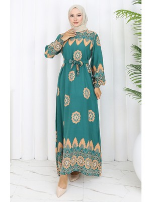 Sefa Merve Desenli Kuşaklı Elbise 2104-03 Zümrüt Yeşili