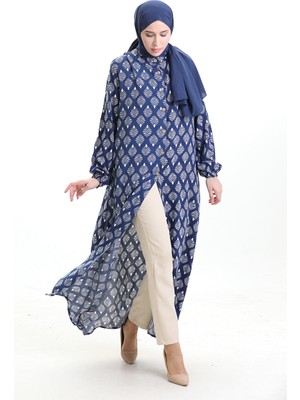 Sefa Merve Boydan Düğmeli Desenli Elbise 0124-05 Lacivert