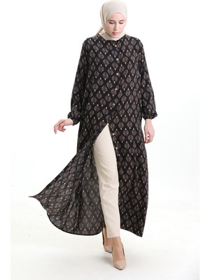 Sefa Merve Boydan Düğmeli Desenli Elbise 0124-04 Siyah Bej