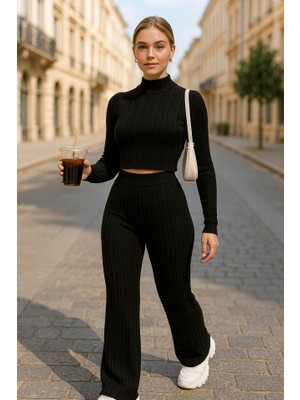 Kadın Uzun Kollu Balıkçı Yaka Krop ve Pantolon Şardonlu Kaşkorse Ikili Takım