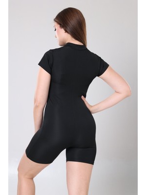 Kadın Siyah Önden Fermuar Detaylı Hem Gündelik Hem Deniz Havuz Yüzücü Şortlu Mayo Tulum