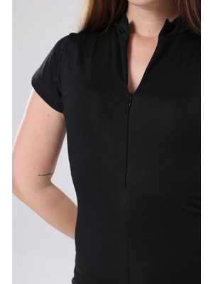 Kadın Siyah Önden Fermuar Detaylı Hem Gündelik Hem Deniz Havuz Yüzücü Şortlu Mayo Tulum