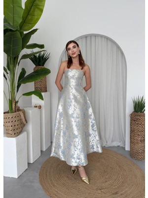 Yureli Saten Jakarlı Tasarım Kloş Straplez Prenses Elbise Abiye Nişan İçin Yeni Sezon