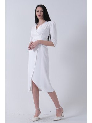 Ekru Kruvaze Yaka Midi Boy Krep Elbise 0104010.147