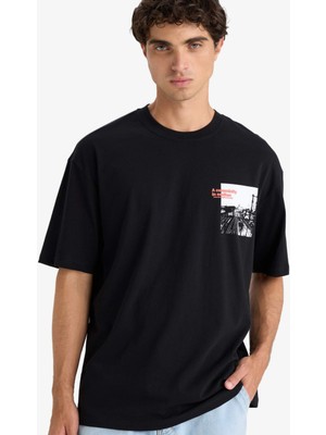 DeFacto %100 Pamuk Boxy Fit Bisiklet Yaka Baskılı Kısa Kollu Tişört F8555AX25HS