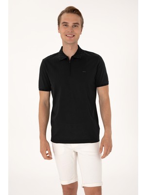 U.S. Polo Assn. Erkek Regular Fit Siyah Polo Yaka Fermuarlı Tişört 50300363-VR046