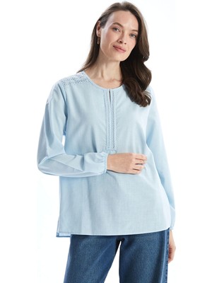 Lcw Grace Mavi Kaçık Yaka Nakışlı Kadın Bluz