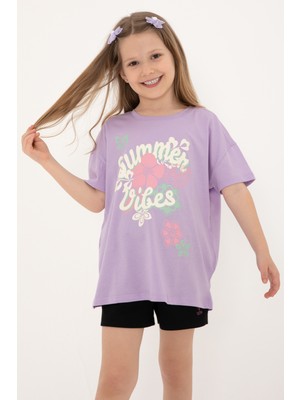 U.S. Polo Assn. Kız Çocuk Lila Comfort Bisiklet Yaka Çiçek Baskılı Pamuk Tişört 50306203-VR034