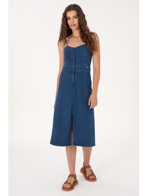 U.S. Polo Assn. Kadın Mavi Midi Boy Yırtmaçlı Jean Elbise 50305565-DN0022