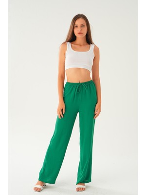 Benetton Yeşili Beli Lastikli Bol Paça Dokuma Pantolon 4284-1
