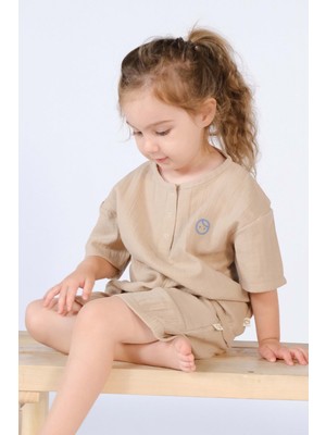 Little Gusto Organik Pamuk Müslin Bebek Düğmeli Bej Tişört