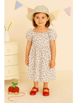 Çocuk Şapkalı Müslin Elbise Çiçek Baskılı