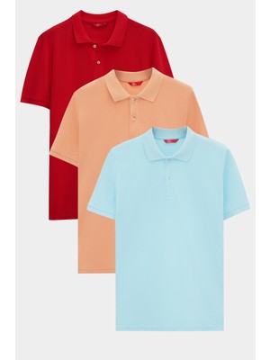 Ds Damat Regular Fit Kırmızı/kayısı/açık Turkuaz Pike Dokulu %100 Pamuk Polo Yaka T-Shirt 6HC14ORTBN510