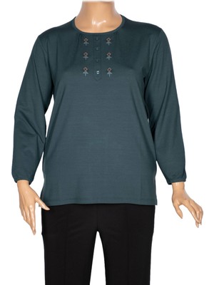 Cimariva Kadın Neşe Büyük Beden O Yaka Robası Nakışlı Koyu Turkuaz Bluz