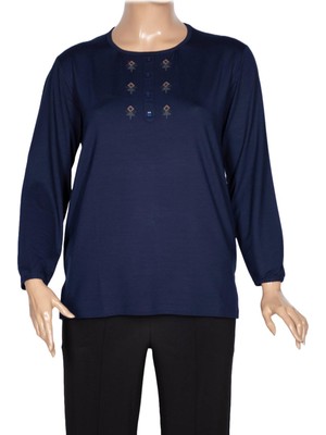 Cimariva Kadın Neşe Büyük Beden O Yaka Robası Nakışlı Lacivert Bluz