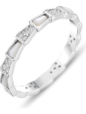 Gümüş Rodyumlu Zirkon ve Sedef Taşlı Işıltılı Prizma Tamtur Yüzük