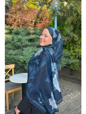 CS Camellia Scarf CS Camellia Soft Şal - Lacivert Lotus Desen Kadın Pamuksu Kumaş ile Hafif ve Nefes Alabilen