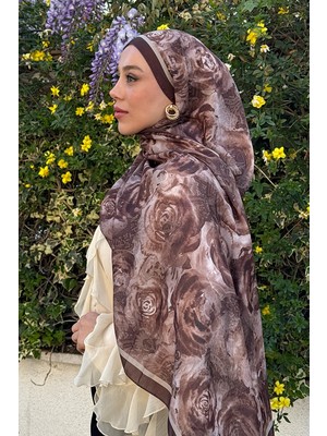 CS Camellia Scarf CS Camellia Kadın Soft Şal Mocha Rossa Desenli Pamuksu Kumaş 75 x 185 cm Şık ve Hafif