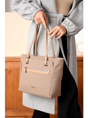 Just Polo Kadın Büyük Boy Suya Dayanıklı Lakoste Kumaş 3 Gözlü Vizon El ve Omuz Çantası PBU2170