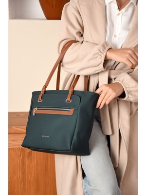 Just Polo Kadın Büyük Boy Suya Dayanıklı Lakoste Kumaş 3 Gözlü Yeşil Taba El ve Omuz Çantası PBU2170