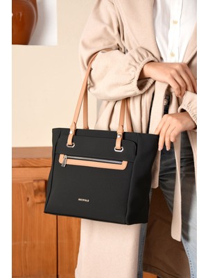 Just Polo Kadın Büyük Boy Suya Dayanıklı Lakoste Kumaş 3 Gözlü Siyah Taba El ve Omuz Çantası PBU2170