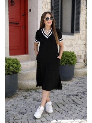 Kadın Kısa Kollu V Yaka Kol ve Yaka Ribana Detay Midi Boy Viskon Elbise 2xl-3xl-Siyah