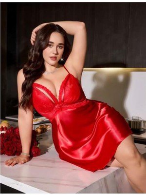 Büyük Beden Kırmızı Dantel Detaylı Saten Gecelik