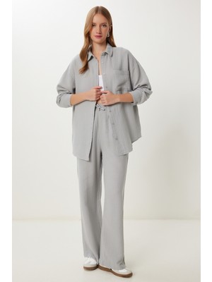 Oversize Müslin Gömlek Pantolon Takım LSA0014 Gri