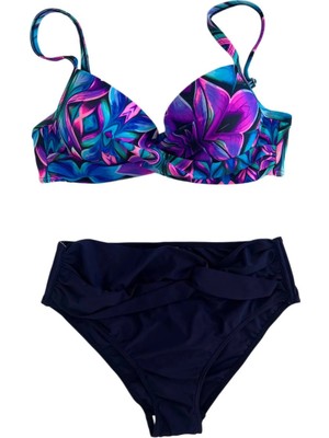Kadın Lacivert Fuşya Çiçek Desenli Astarlı Büyük Beden Bikini Takımı HZL25S-LC24108