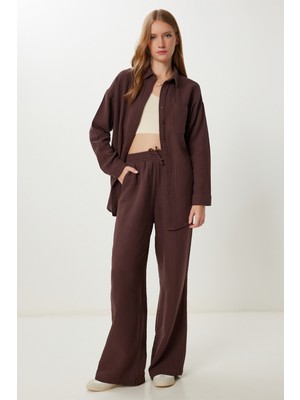 Oversize Müslin Gömlek Pantolon Takım LSA0014 Koyu Kahverengi