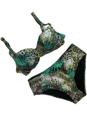 Kadın Yeşil Leopar Desenli Astarlı Büyük Beden Bikini Takımı HZL25S-LC25006