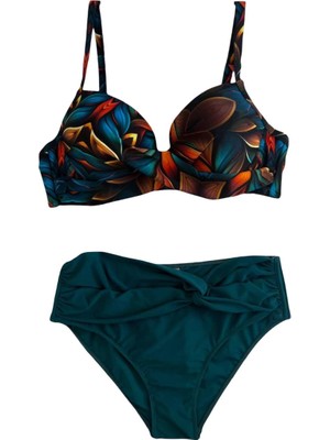 Kadın Petrol Yeşili Çiçek Desenli Astarlı Büyük Beden Bikini Takımı HZL25S-LC24108