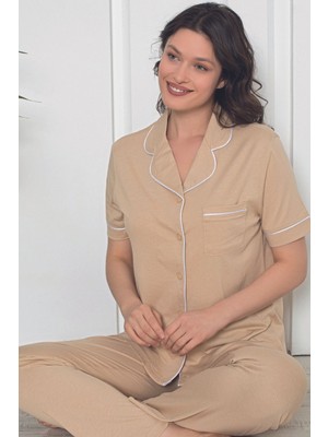 Kadın Mor Kısa Kollu Önden Düğmeli Cepli Biyeli Likralı Pijama Takımı