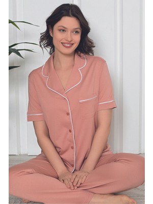 Kadın Mor Kısa Kollu Önden Düğmeli Cepli Biyeli Likralı Pijama Takımı