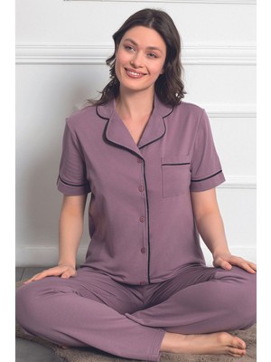 Kadın Mor Kısa Kollu Önden Düğmeli Cepli Biyeli Likralı Pijama Takımı