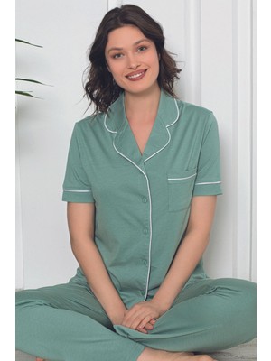 Kadın Mor Kısa Kollu Önden Düğmeli Cepli Biyeli Likralı Pijama Takımı