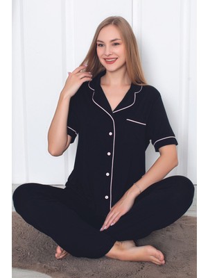 Kadın Mor Kısa Kollu Önden Düğmeli Cepli Biyeli Likralı Pijama Takımı
