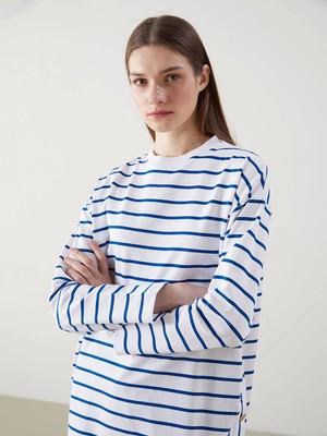 Lcw Modest Mavi Bisiklet Yaka Çizgili Kadın Sweatshirt Tunik