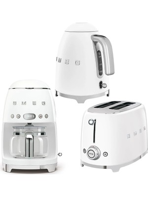 smeg  Smeg 50's Style Beyaz Kettle - 1x2 Ekmek Kızartma Makinesi ve Filtre Kahve Makine Seti Klf-Tsf-Dcf