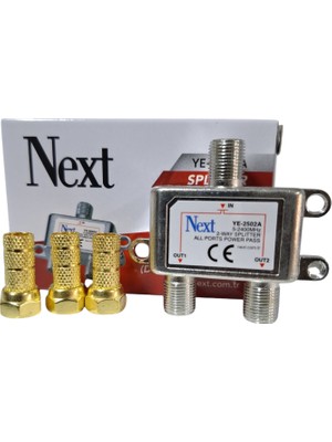 2 Li Splitter Anten Çoklayıcı Uydu Bölücü Next YE-2502A + 3 Adet Gold F Konnektör