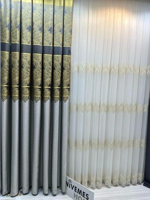 Nivemeshome Milas Gri-Gold 671539 1/3 Sık Pileli Fon Perde Apm
