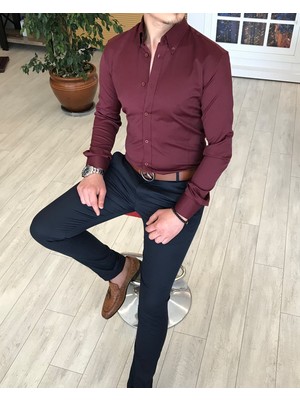 Terzi Adem italyan stil slim fit dik yaka saten erkek gömlek Bordo T4742