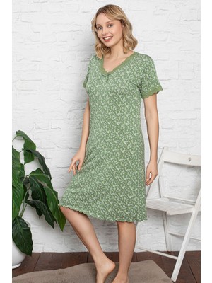 Desenli Kısa Kollu Likralı Esnek Viskon Fiyonklu Dantelli  Gecelik