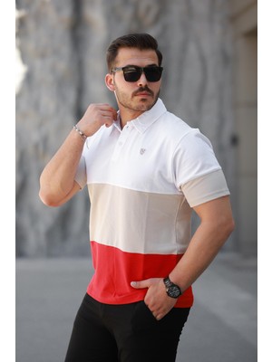 Erkek Polo Yaka Beyaz Krem Turuncu Renk Bloklu %100 Pamuk Tişört - 2532