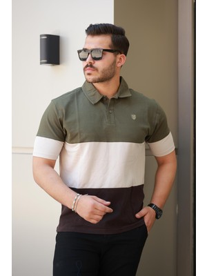 Erkek Polo Yaka Haki Ekru Kahve Renk Bloklu %100 Pamuk Tişört - 2532