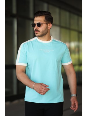 Erkek Bisiklet Yaka Mint Yeşili Krem Şerit Detaylı Nakışlı %100 Pamuk Tişört - 2533