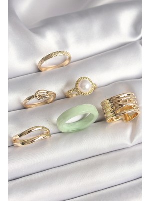 Pirinç Gold Renk Düğüm Model Incili Işlemeli Plaka Model 6'lı Kadın Yüzük Seti