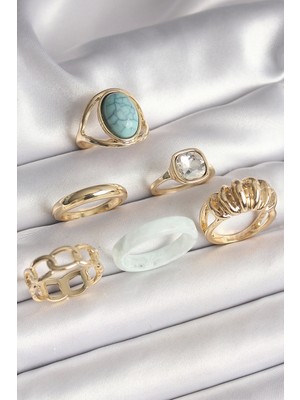 Pirinç Gold Renk Kare Zirkon Taşlı Sarmal Model Mavi Taş Detay 6'lı Kadın Yüzük Seti