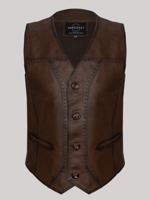 Deri Work Hakiki Deri Hakiki Deri Kahverengi Düğmeli Erkek Yelek