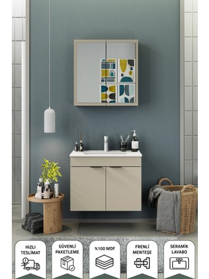 Biani Fix Loft 75 Cm Banyo Dolabı,Seramik Lavabolu, Aynalı,Lavabo Dahil,Mdf,Latte